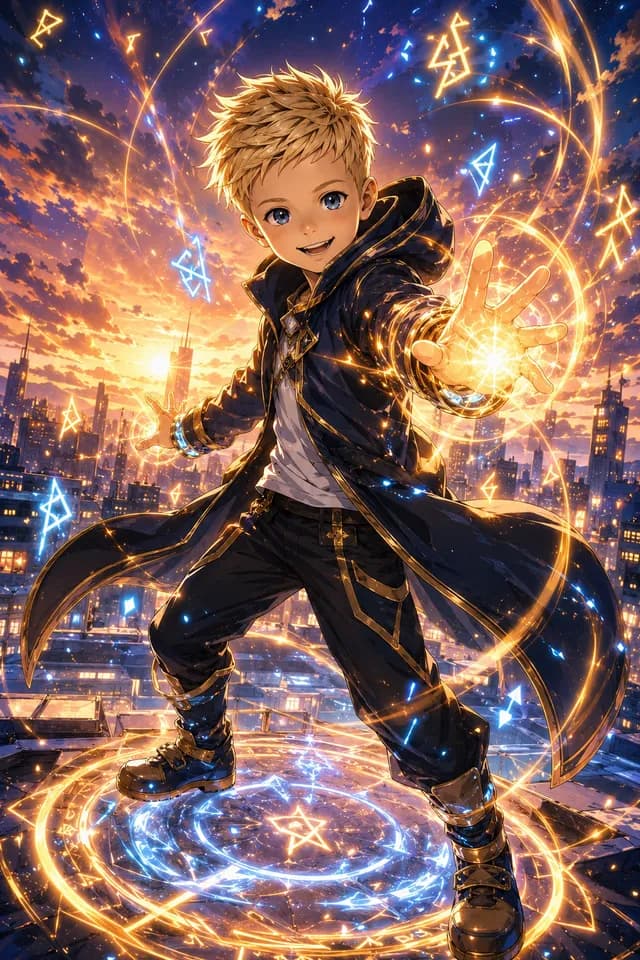 Musterdesign Anime: Illustration eines Kindes mit leuchtenden Magie-Effekten über einer Stadt