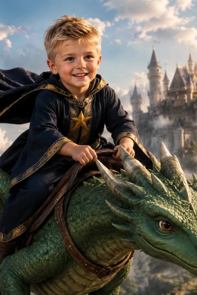 Musterdesign Drachenwelt: Kind mit Sternenumhang reitet auf einem grünen Drachen vor einem Schloss
