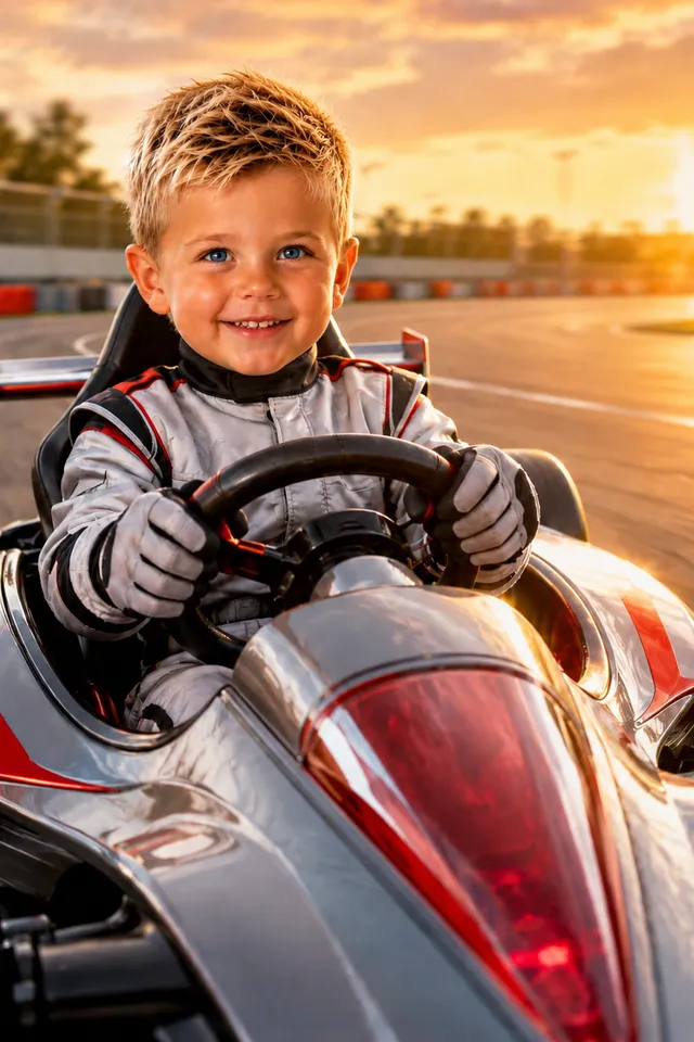 Musterdesign Rennsport: Kind im Rennanzug am Steuer eines Karts auf der Rennstrecke